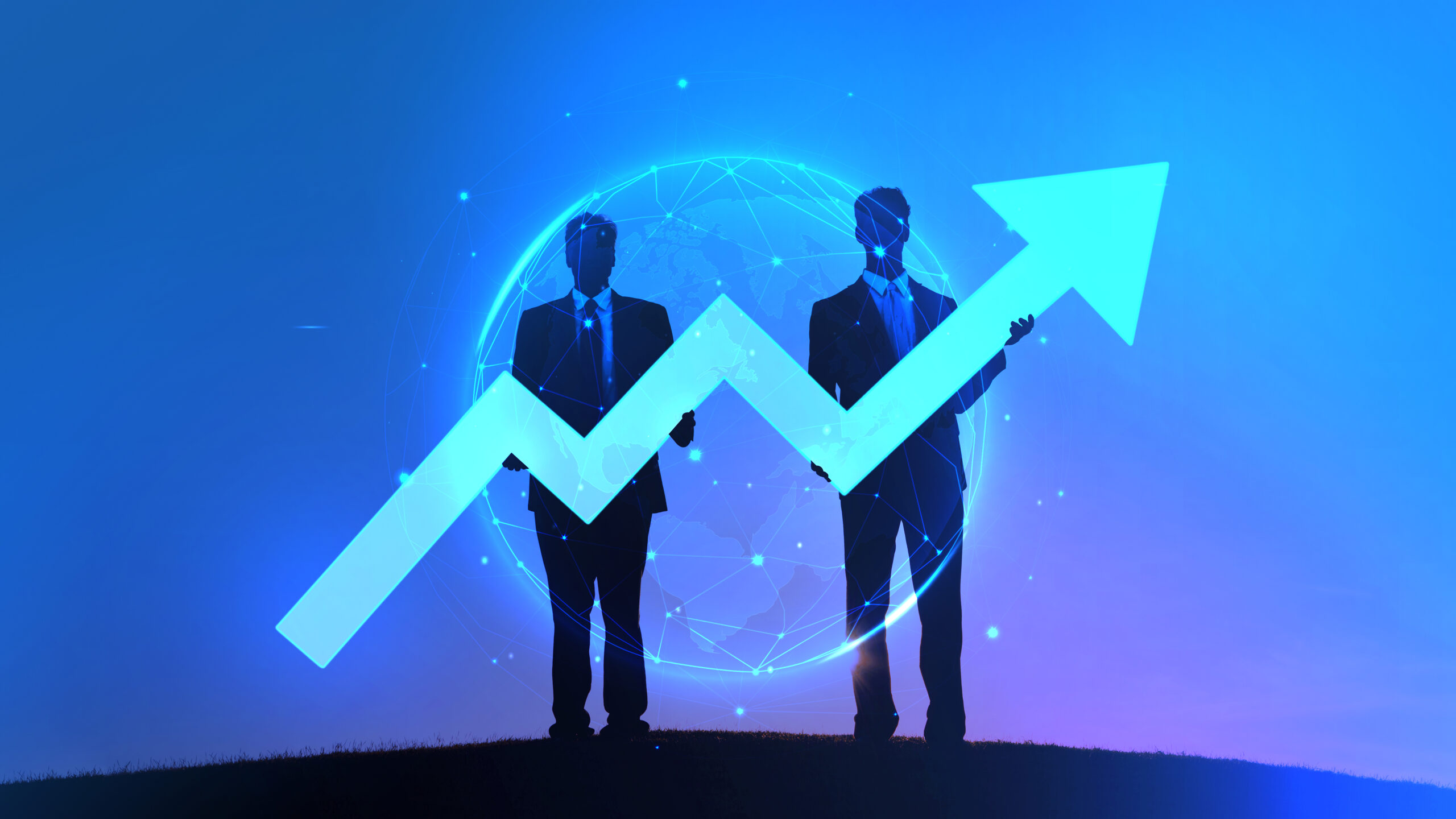 Business growth strategies and upward trend with data analytics and technology.